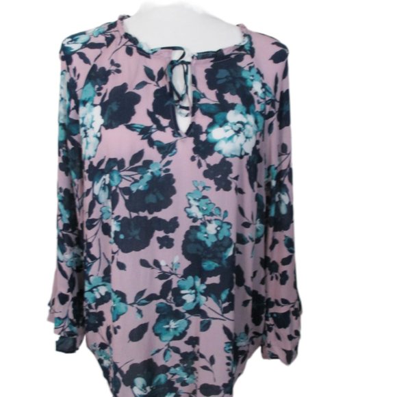 J. Jill Pink Floral Rayon Long Bell Sleeve Tie Neck Top Size L - Picture 1 of 12